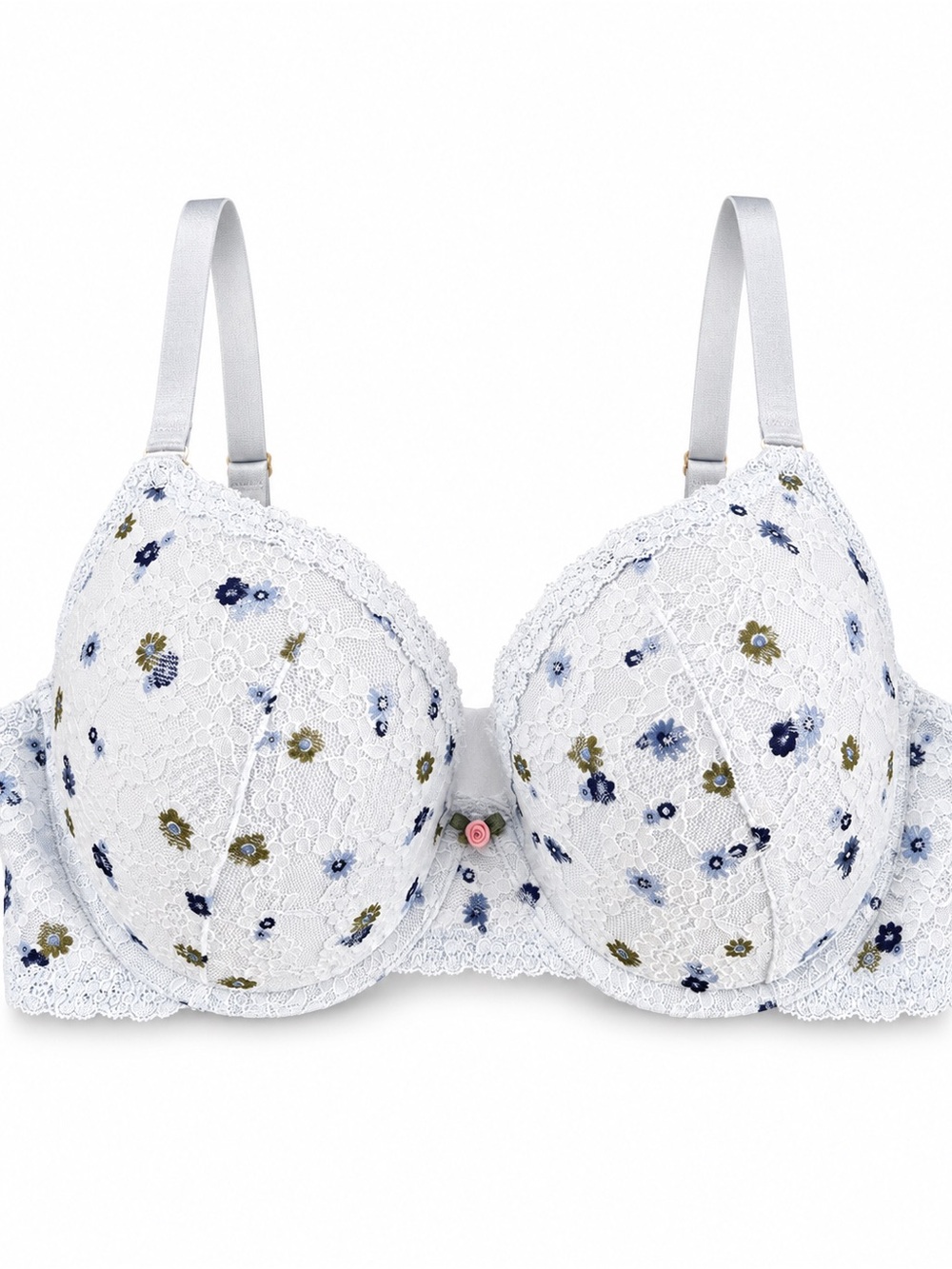 aerie White Lace Bra with Blue and Olive Floral Embroidery